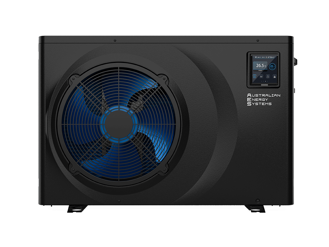 A black Australian Energy Systems heat pump unit with a prominent fan and a digital control panel displaying the temperature. Perfect for residential use, this inverter model features a sleek design with a visible company logo and modern interface. | AES Pool Heating Solutions